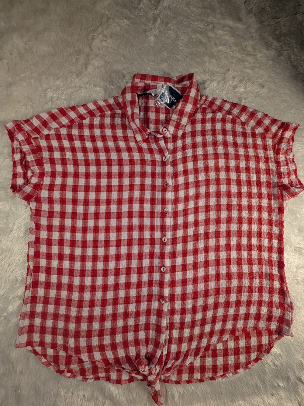 Jane and Delancey Red and White Gingham Short-Sleeve Button-Up XL